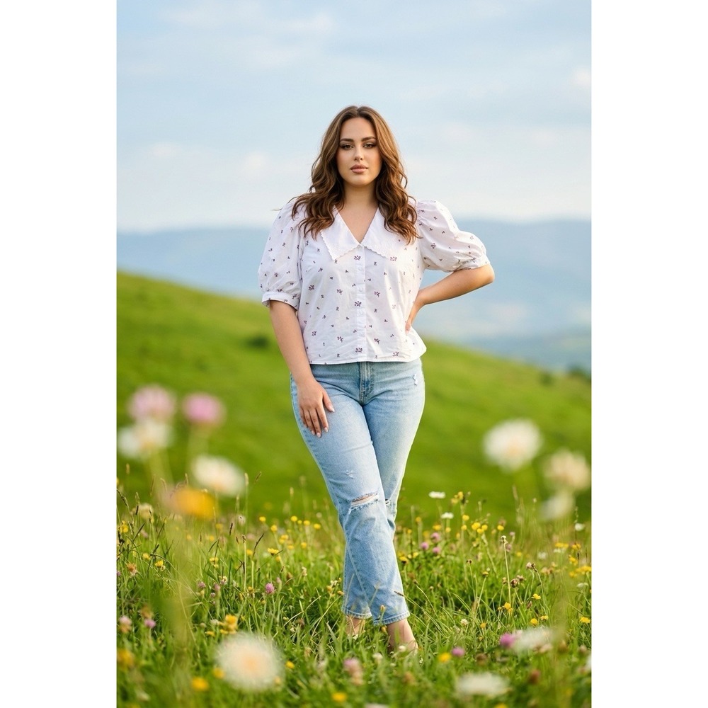Levis Floral Peter Pan Collar Blouse White Pink Puff Sleeve Top A1078-0000 3X